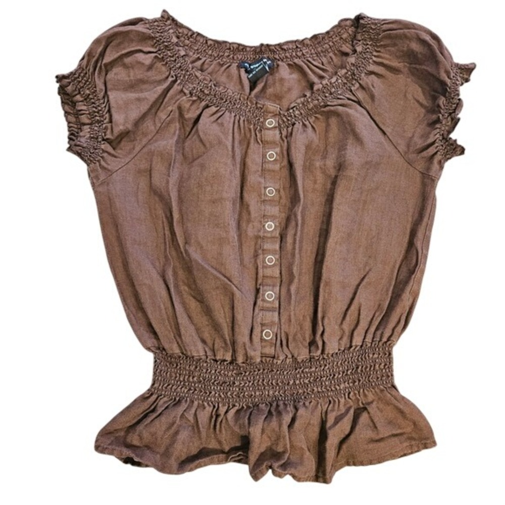 Saint Tropez West Brown 100% Linen Smocked Peplum Blouse Top Size M Boho